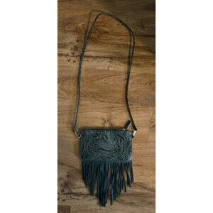 Tooled Green Fringe Bag Boho Crossbody Purse with Wristlet Strap Detachable